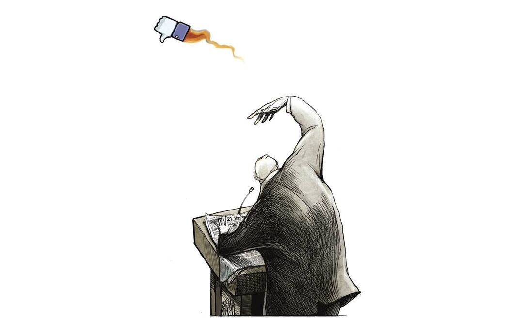 AMLO y la prensa. Ilustración: BOLIGÁN