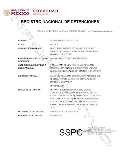 Víctor Rodríguez Padilla, exdirector de Petróleos Mexicanos (Pemex), en el Registro Nacional de Detenciones. Foto: Registro Nacional de Detenciones