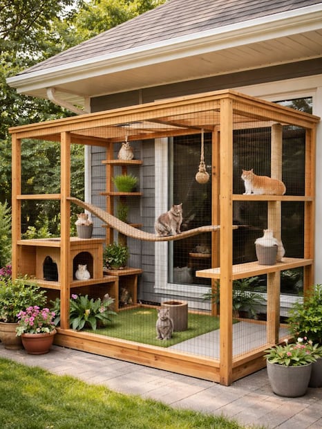 Un catio permite a los gatos tomar el sol y observar el exterior sin correr peligro. Foto: Pinterest