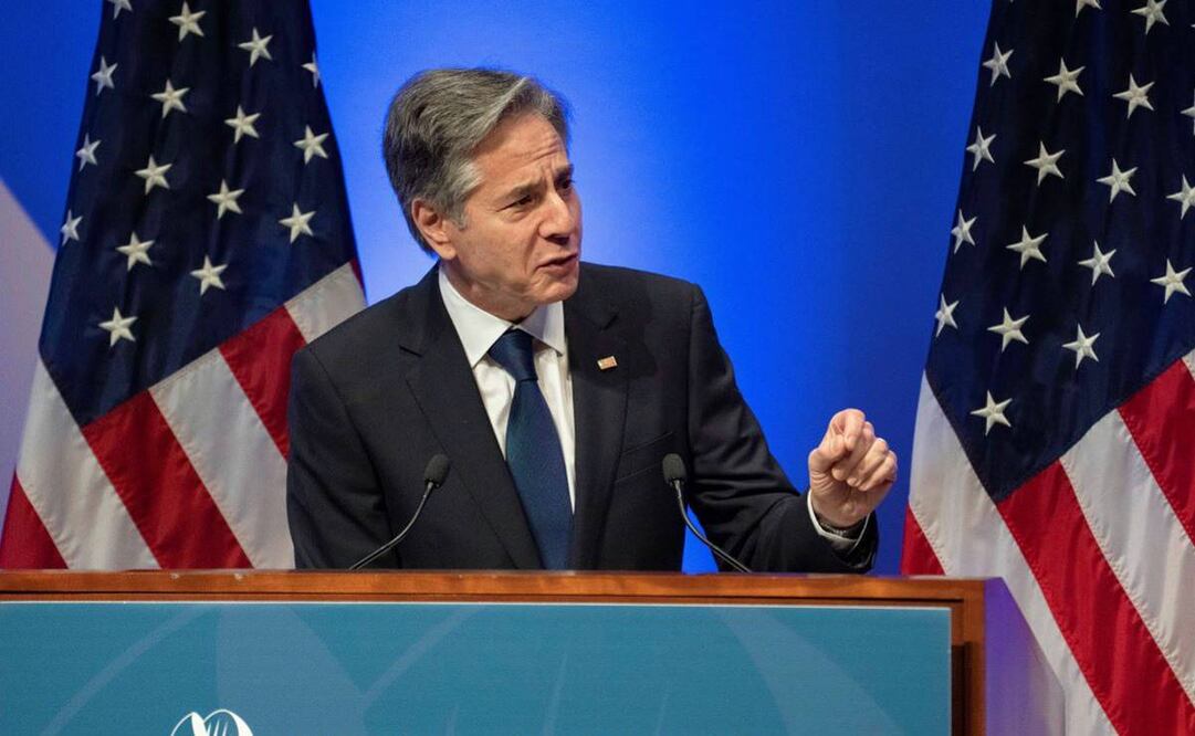 El secretario estadounidense de Estado, Antony Blinken, en una conferencia. El funcionario considera a México "país seguro" para los migrantes. Foto: AP