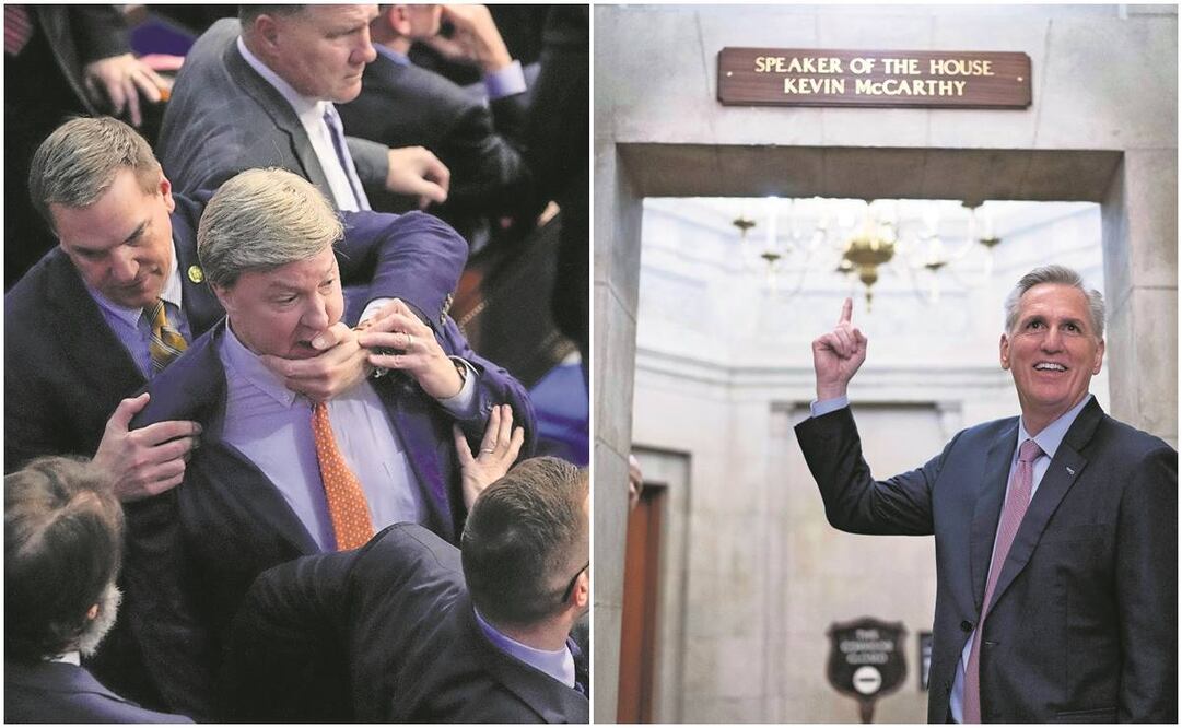 Mike Rogers iba contra el ultra Matt Gaetz y fue contenido por Richard Hudson; al final, McCarthy (der.) ganó la presidencia de la Cámara Baja. Foto: Jose Luis Magana y Andrew Harnik/AP