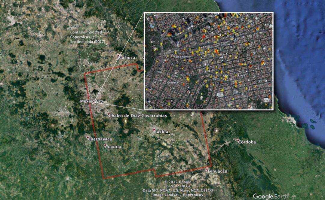 Las variaciones de amarillo a rojo representan un cambio cada vez más significativo de la superficie del suelo y de los edificios. (FOTO: NASA)