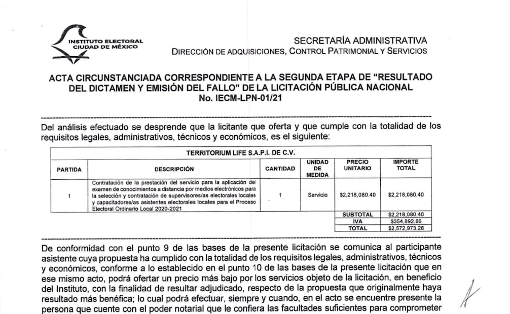 El objeto del contrato de Territoriun Life
con el IECM es la prestación del servicio
para la contratación y capacitación de super visores electorales.