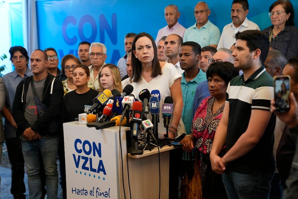 La líder opositora venezolana Corina Machado, durante una conferencia de prensa, este martes, en Caracas. FOTO: Ariana Cubillos / AP