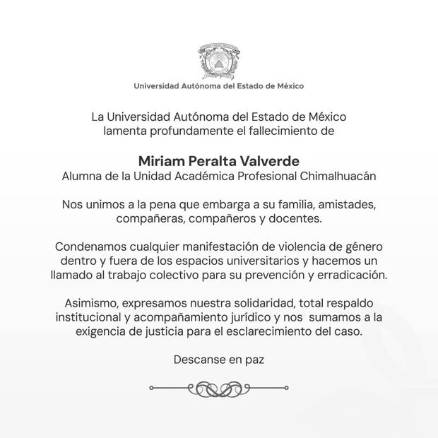La institución expresó su solidaridad con la familia, amistades y compañeros de la víctima. Foto: Especial
