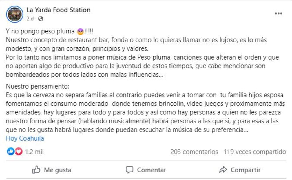 En Facebook el restaurante dio a conocer su postura