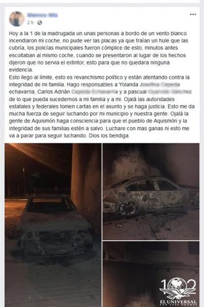 Militante del PAN en SLP graba incendio de su auto; denuncia atentado