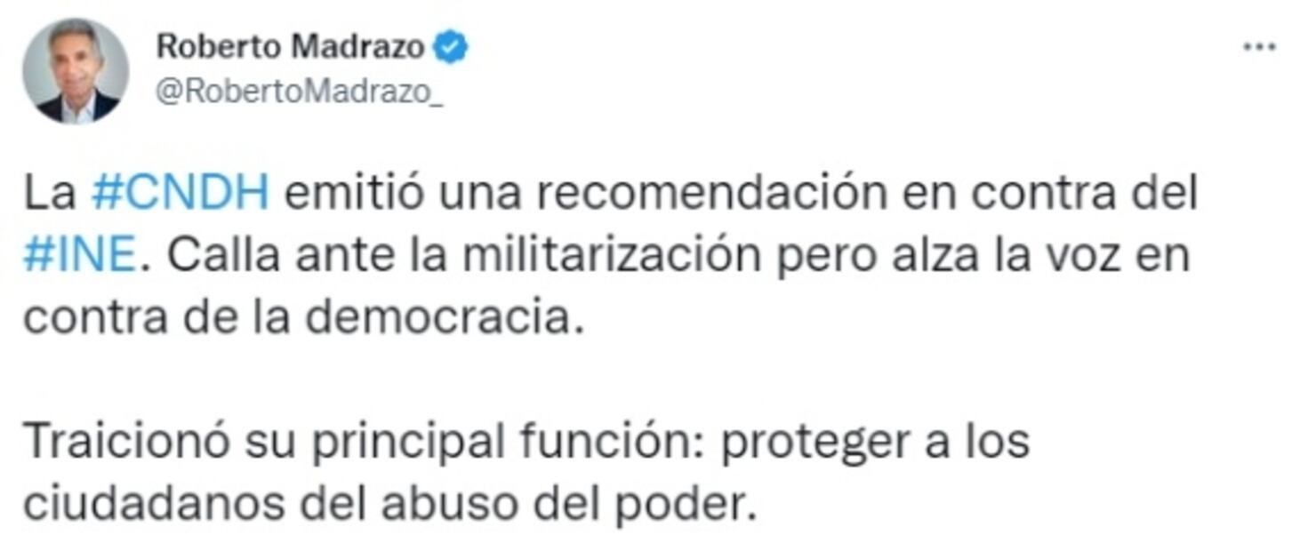 CNDH calla ante militarización, pero alza la voz contra el INE: Roberto Madrazo