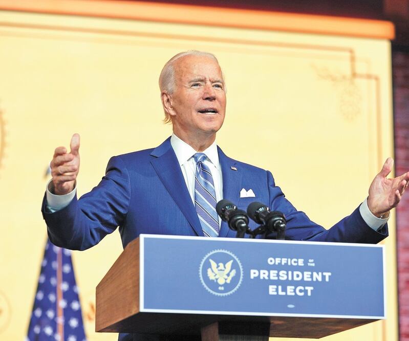 El presidente electo estadounidense, Joe Biden, ayer durante un mensaje desde Wilmington, Delaware. CAROLYN KASTER. AP