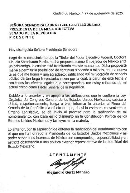 Carta de renuncia del fiscal general de la República, Alejandro Gertz Manero, dirigida al Senado de la República. Foto: Especial