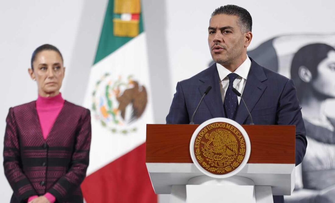 Omar García Harfuch, titulas de la SSPC, durante la mañanera de la presidenta Claudia Sheinbaum, este 22 de julio del 2025. Foto: Diego Simón / EL UNIVERSAL.