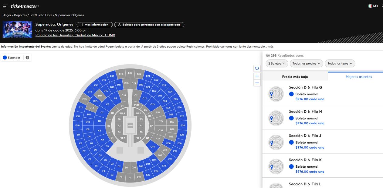 Así luce a una semana del evento, la disponibilidad de lugares para asistir a Supernova Strikers. Foto: Especial