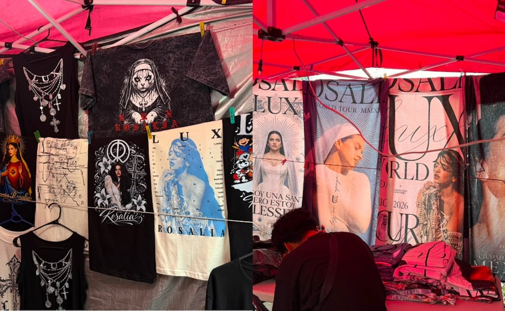 Mercancía no oficial de Rosalía se vende a las afueras del Palacio de los Deportes previo a su concierto en CDMX. Foto: César González/EL UNIVERSAL.