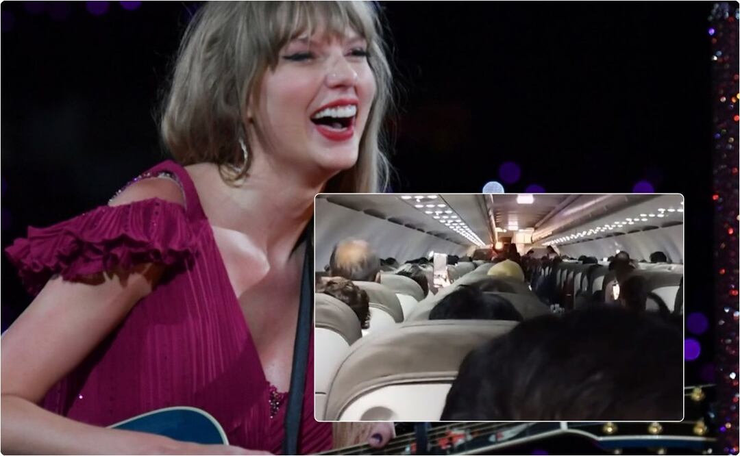 Una "swiftie" mexicana llamada Naomi Sánchez captó el momento en que los consintieron con música de Swift en un vuelo de Volaris que venía desde Mérida, Yucatán.  / Foto: Tomada de Twitter Taylor Swift y captura de video de Twitter Naomi Sánchez (@TheScriptNavy).