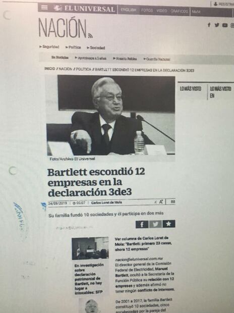 SFP difunde versión pública de la investigación del caso Manuel Bartlett