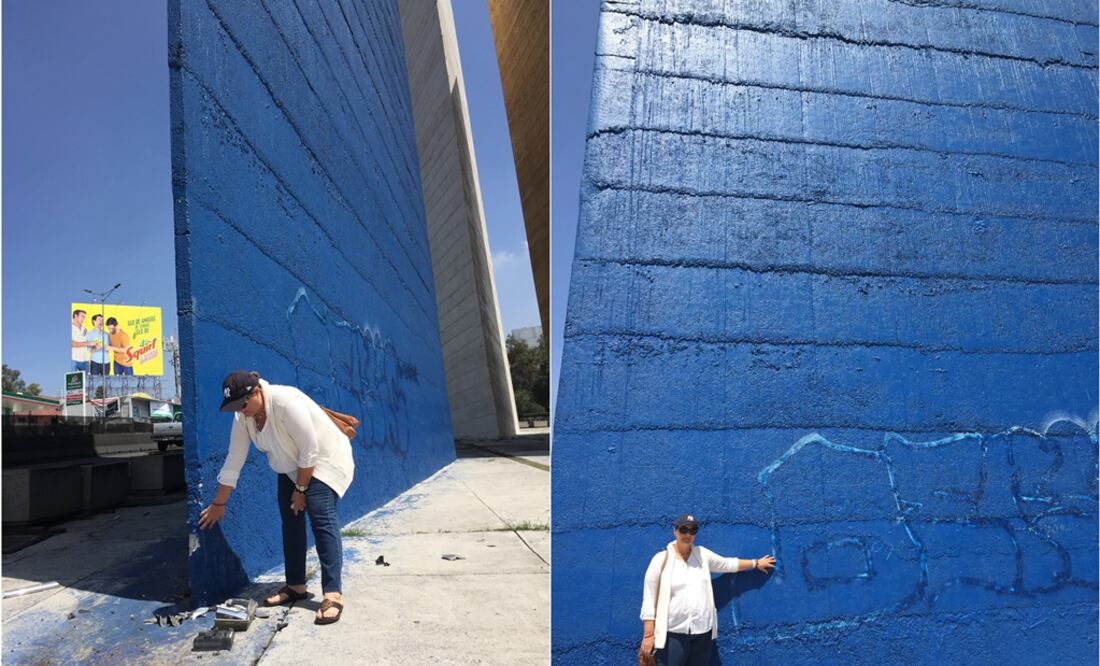 Un enorme grafitti afecta la torre azul, además de que en el lugar hay indicios de un choque contra la estructura. (Fotos: Rebeca Jiménez )