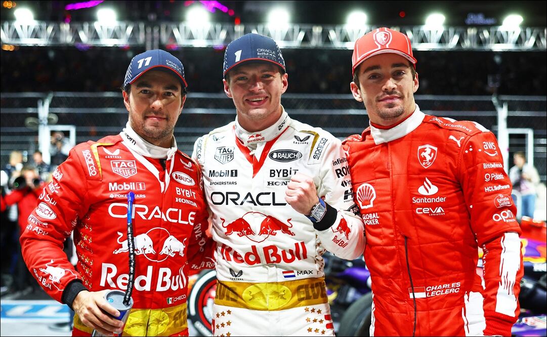 Sergio Pérez, Max Verstappen y Charles Leclerc en el Gran Premio de Las Vegas 2023 - Foto: AFP