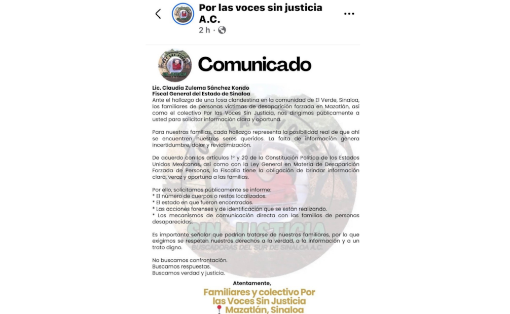 Tras hallazgo de fosas clandestinas en Concordia, Sinaloa, colectivos piden información.
Foto: Especial.