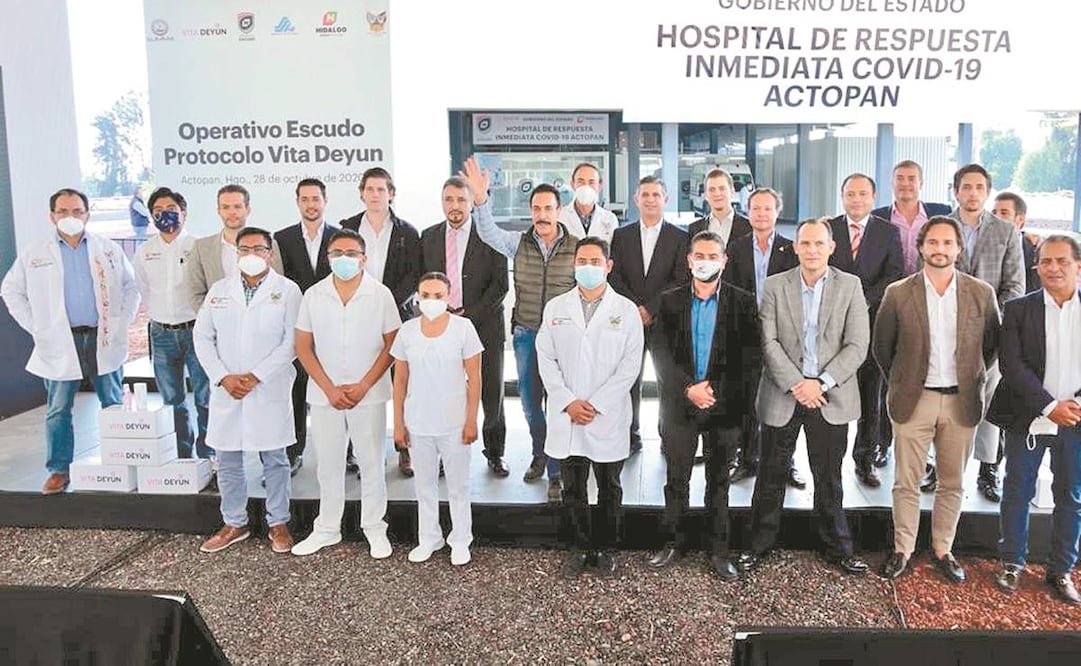 Desde el Hospital de Respuesta Inmediata Covid-19 en Actopan, autoridades estatales anunciaron que el gobierno implementará el uso del suplemento alimenticio Vita Deyun en la entidad. Foto: ESPECIAL