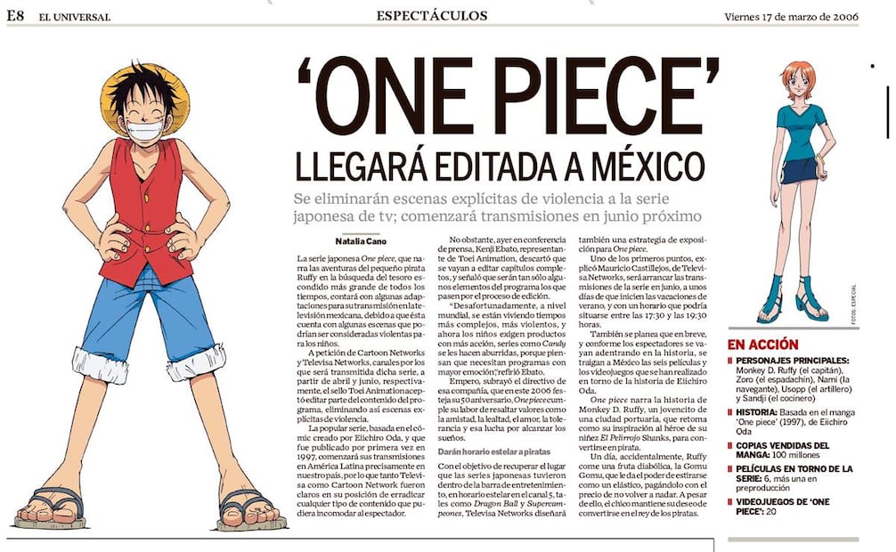 "One Piece" era una obra en ascenso cuando llegó a México, pero la transmitieron editada a extremos incómodos para el público y no duró mucho en la programación. Hemeroteca EL UNIVERSAL.