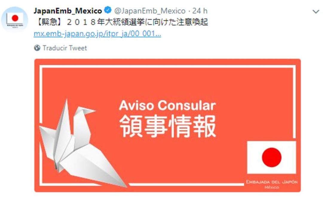 La Embajada de Japón emitió recomendaciones para sus ciudadanos ante las elecciones en México  FOTO: TWITTER