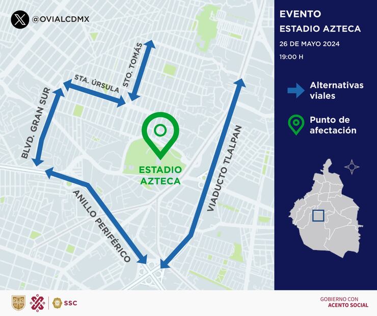 Alternativas viales por partido de futbol en el Estadio Azteca. Foto: X, @OVIALCDMX
