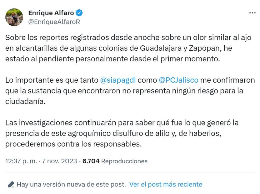 Post de Enrique Alfaro. Foto: @EnriqueAlfaroR