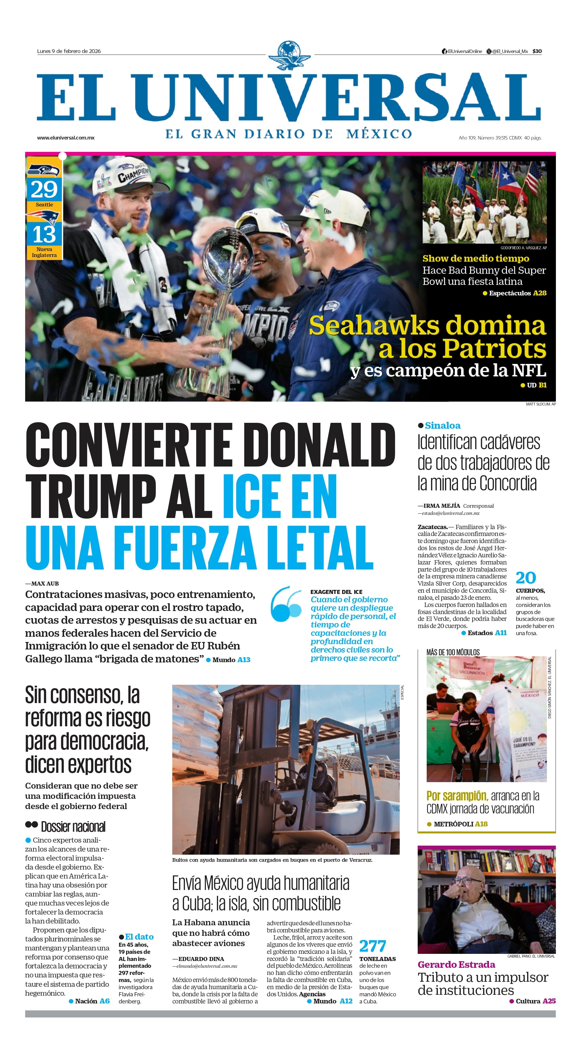 Portada impresa del 9 de febrero de 2026