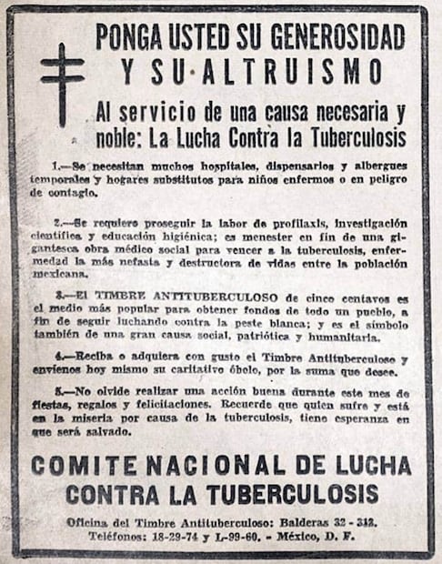 Anuncio del CNLT, 1945. Además de los timbres, el comité “participa en gestiones directas ante grandes empresas para obtener donativos y se organizan festivales, colectas, etc., para propagar y colocar entre ricos y pobres, pequeños y grandes, el timbre antituberculoso”, indicó EL UNIVERSAL. Foto: Hemeroteca EL UNIVERSAL