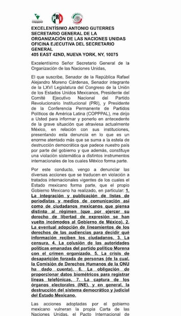 Denuncia del dirigente nacional del PRI, Alejandro Moreno, contra el gobierno de México, ante la sede de la Organización de las Naciones Unidas (ONU) en Nueva York, Estados Unidos. Foto: X @alitomorenoc