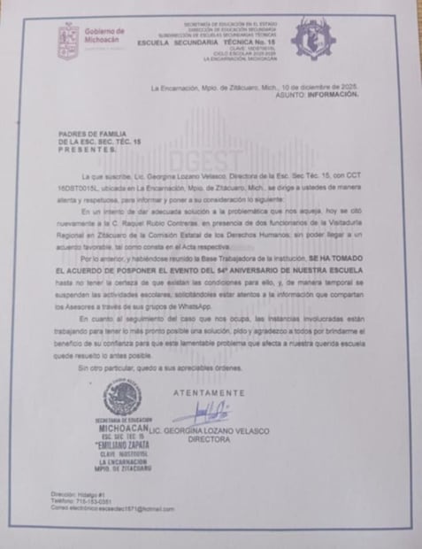 Comunicado a padres e familia sobre el caso de violencia (23/12/2025). Foto: Especial