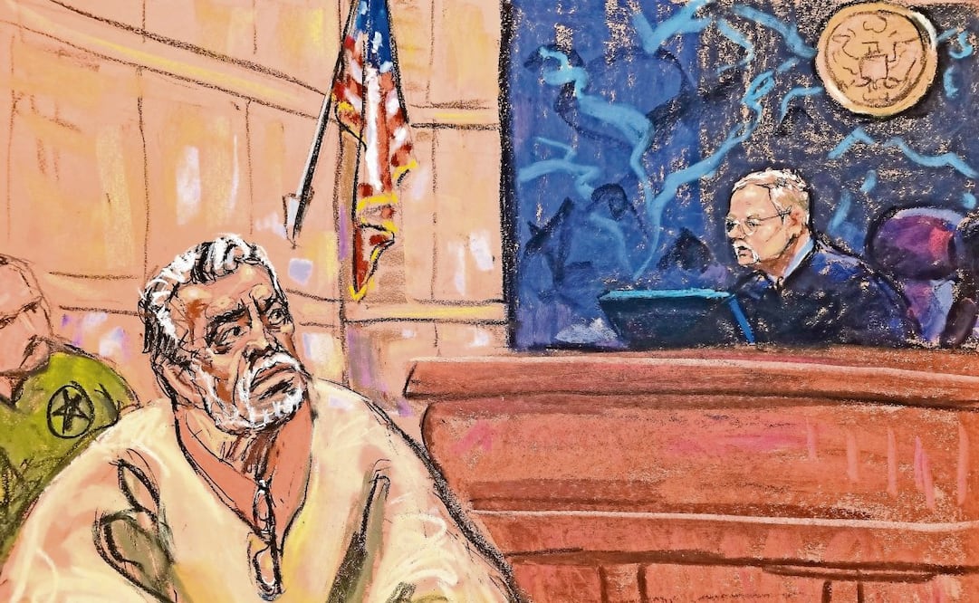 Una viñeta muestra al juez de la Corte de Nueva York, Brian Cogan, y a un demacrado Ismael El Mayo Zambada durante una audiencia en el juicio contra el capo mexicano en octubre pasado, realizado en el Tribunal Federal de Brooklyn, Nueva York. Foto: Jane Rosenberg / EFE