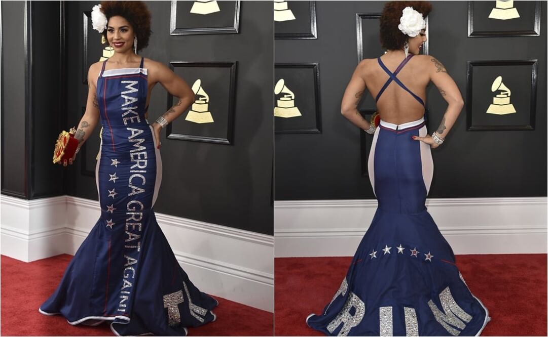 Villa se presentó en la gala con un vestido que tenía el tema de Trump "Make America Great Again"   FOTO: AP