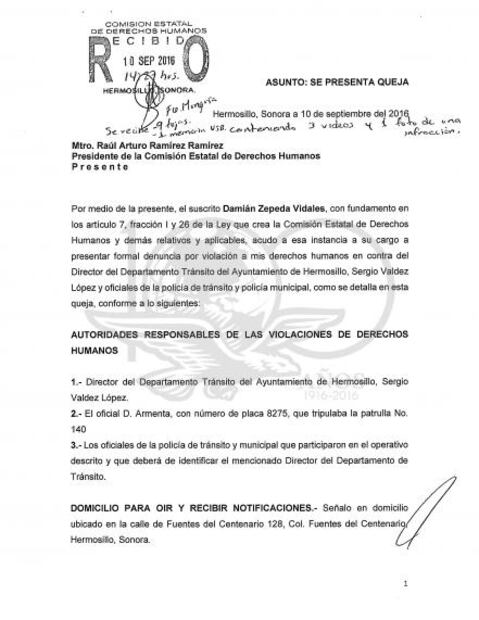 Denuncia Damián Zepeda presunto abuso de autoridad en Hermosillo