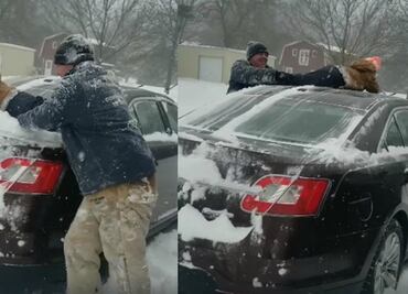 Causa indignación padre que “limpia” nieve de su auto con su hijo