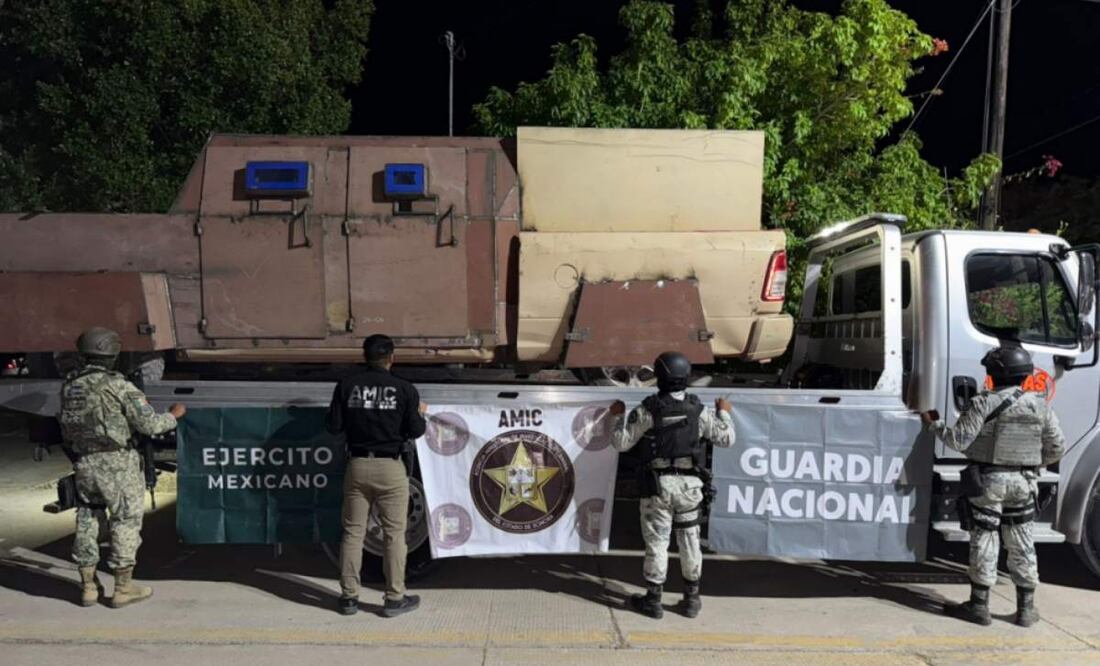 Los vehículos “monstruo” asegurados en Pitiquito, Sonora tenían blindaje artesanal y cartuchos de alto calibre (04/02/2025). Foto: Mesa Estatal de Seguridad