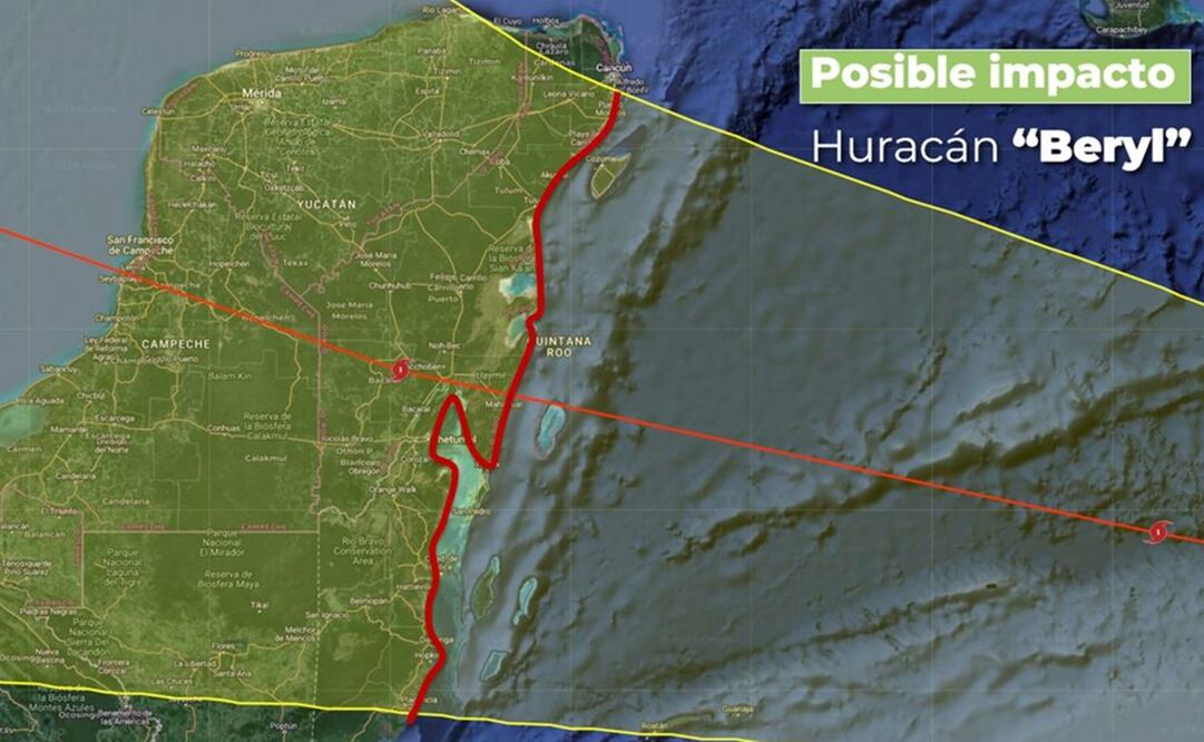 Trayectoria de Huracán Beryl. Foto: Tomada de la cuenta de X de @conagua_clima