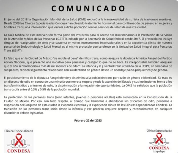 Clínica Condesa ofrece a América Rangel evidencia científica para que cese discursos de odio contra personas trans