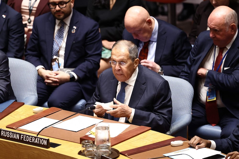 El ministro de Asuntos Exteriores ruso, Serguéi Lavrov, en el Consejo de Seguridad de la ONU. FOTO: CHARLY TRIBALLEAU. AFP
