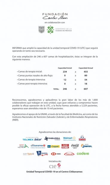 Fundación Carlos Slim amplia la capacidad de la unidad temporal COVID-19