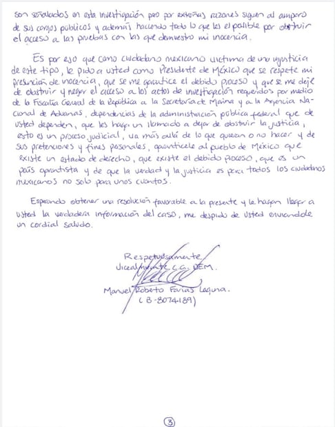 Octava carta del vicealmirante Farías Laguna a la presidenta Claudia Sheinbaum. Foto: especial