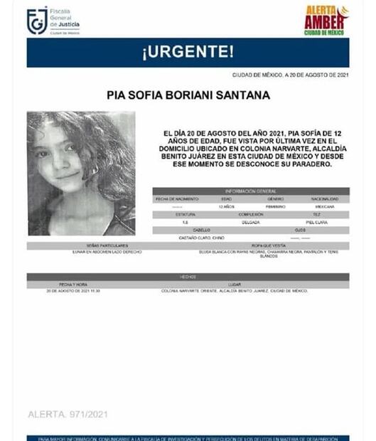 Emiten Alerta Amber por Pia Sofía Boriani de 12 años; desapareció en la Narvarte