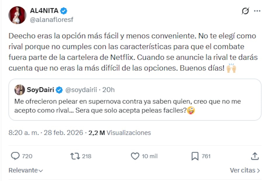 La creadora de contenido regiomontana sigue en busca de una rival que este "a la altura". Foto: Captura de pantalla @alanafloresf