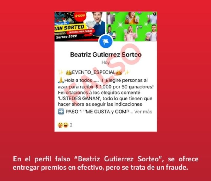 Beatriz Gutiérrez Müller alerta por perfil falso en Facebook a su nombre que ofrece premios en efectivo