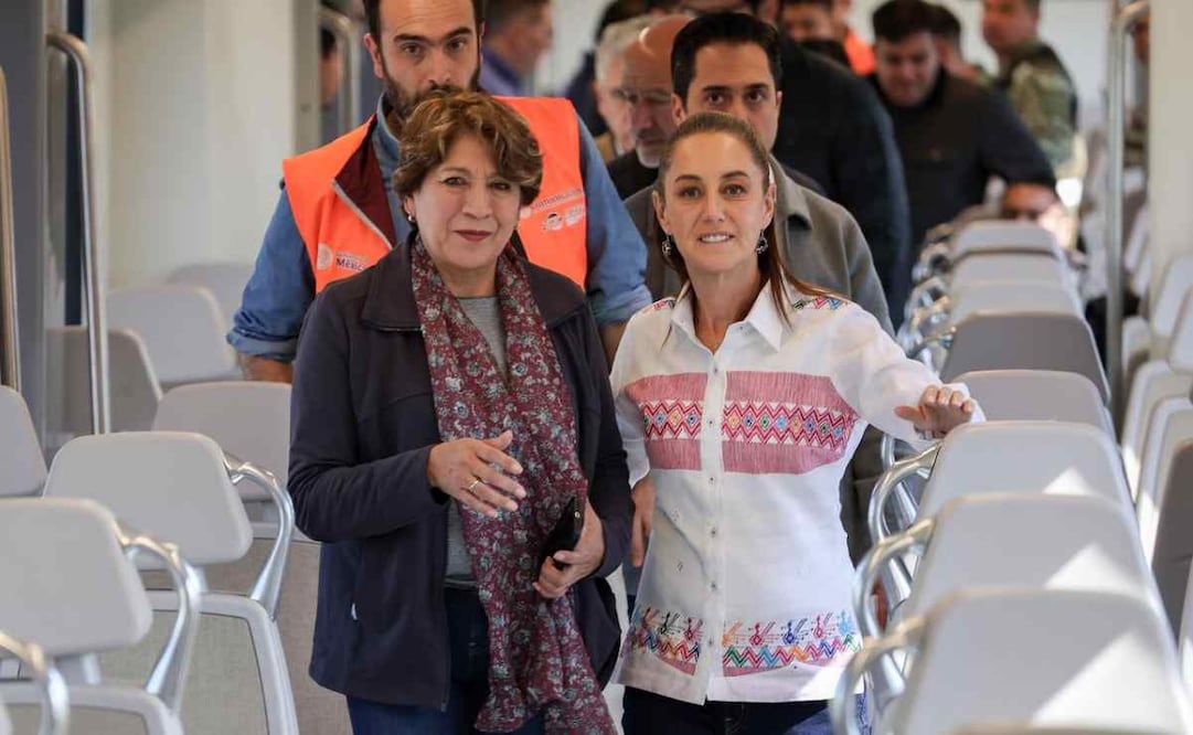 La presidenta Claudia Sheinbaum y la gobernadora del Edomex, Delfina Gómez en reporte de avances del tren suburbano al AIFA el domingo 21 de diciembre de 2025 / Foto: Hugo Salvador. EL UNIVERSAL