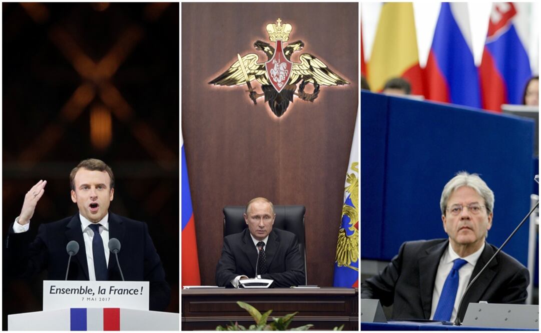 El presidente francés, Emmanuel Macron; el presidente de Rusia, Vladímir Putin, el presidente del Gobierno italiano, Paolo Gentiloni (FOTO: Agencias)