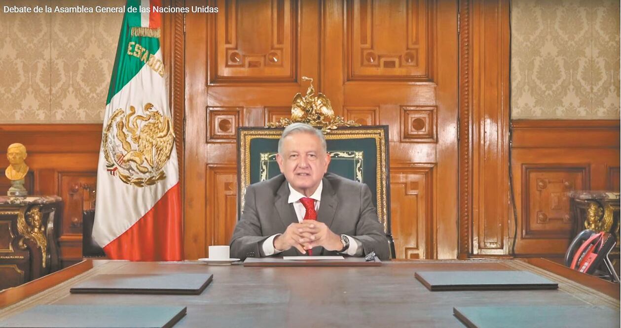 El presidente André s Manuel López Obrador, ayer en su mensaje preg rabado ante la ONU. TOMADA DE VIDEO