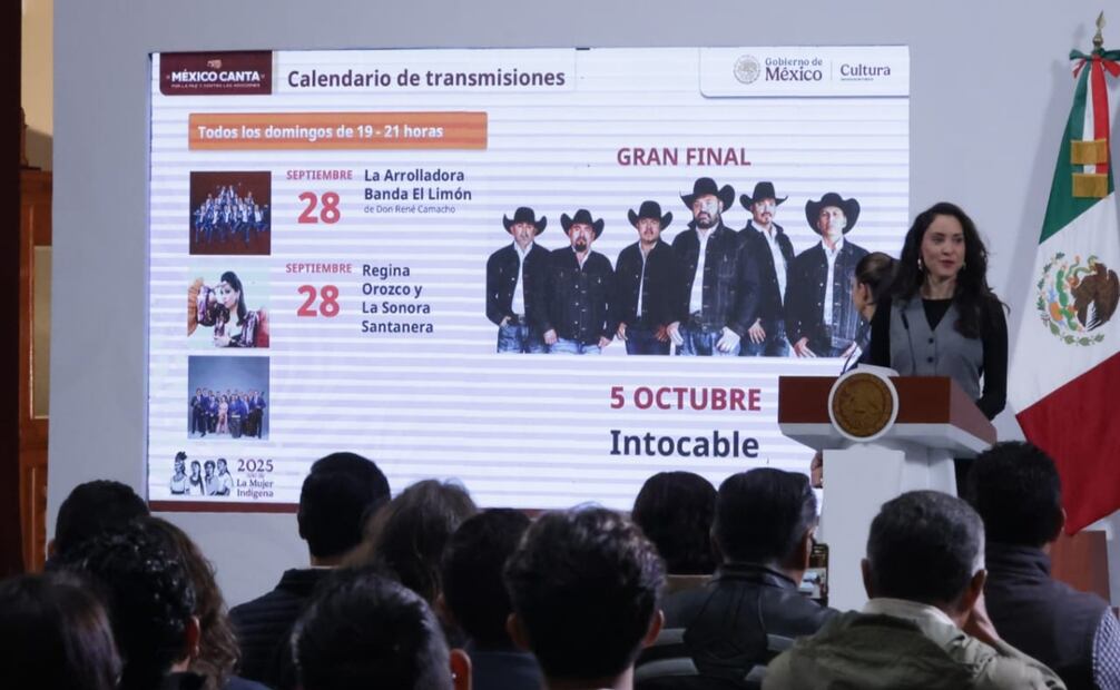 Claudia Curiel de Icaza, secretaria de Cultura (SC), anunció que el grupo Intocable será el grupo invitado a la final del concurso "México Canta", la cual se llevará a cabo el domingo 5 de octubre y que será transmitido en todos los medios públicos. Foto: Fernanda Rojas / EL UNIVERSAL