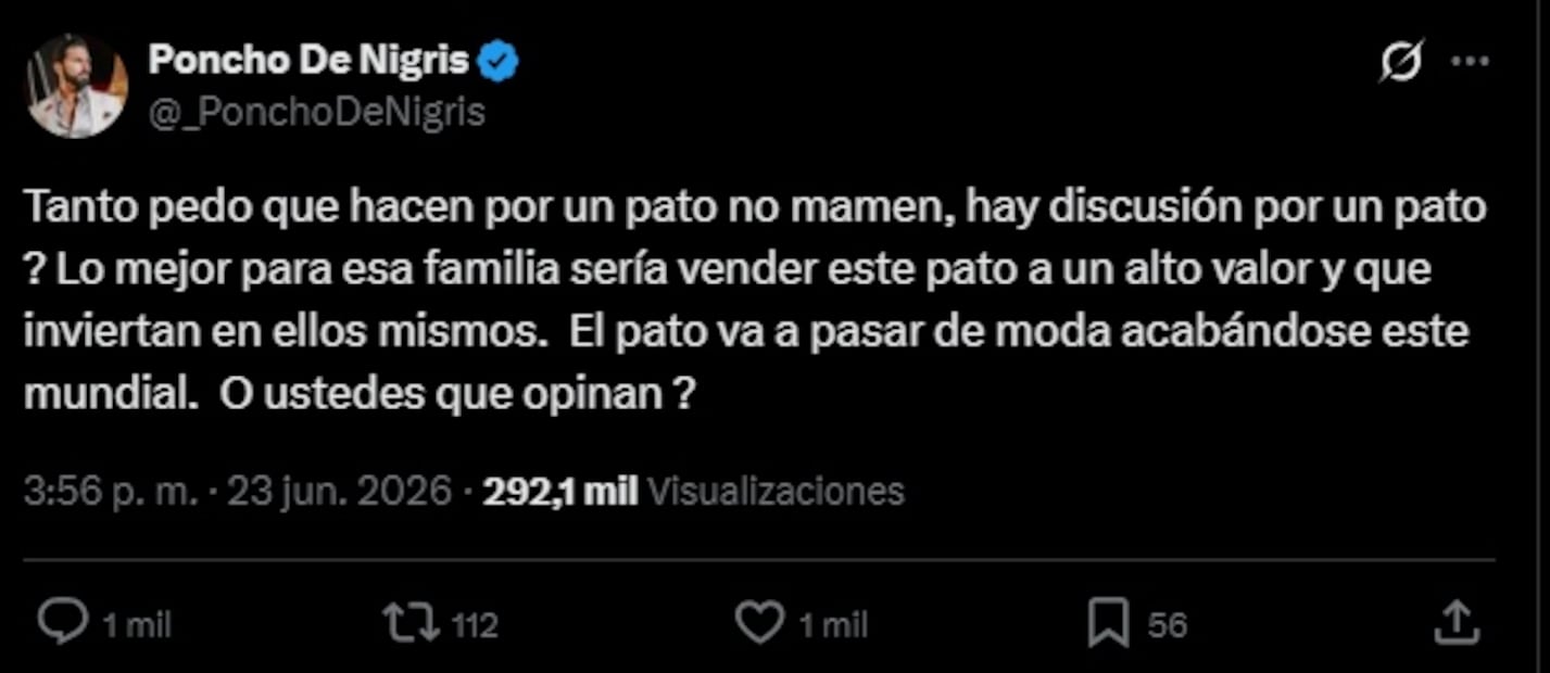 Poncho de Nigris lanza jugosa oferta por el Pato Merlín. Foto: Captura de pantalla