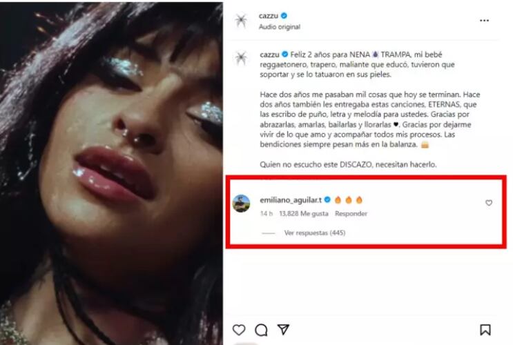 Este es el mensaje que Emiliano habría dejado a Cazzu y que ya no puede verse. Foto: Instagram